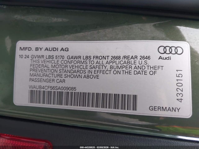 2025 Audi S5 Sportback Premium Tfsi Quattro Tiptronic მანქანა იყიდება აუქციონზე, vin: WAUB4CF56SA009085, აუქციონის ნომერი: 44320525