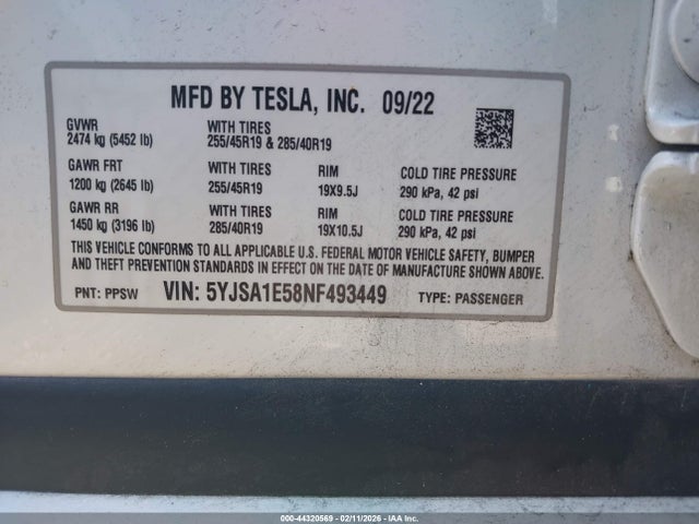 Aukcja sprzedaży 2022 Tesla Model S Dual Motor All-wheel Drive, vin: 5YJSA1E58NF493449, numer aukcji: 44320569