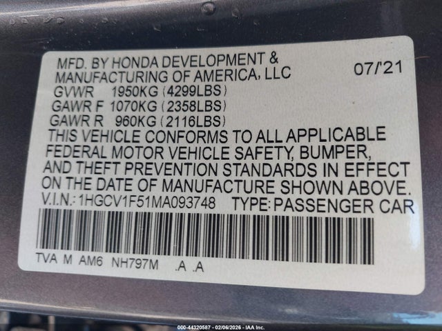 Продажа на аукционе авто 2021 Honda Accord Ex-l, vin: 1HGCV1F51MA093748, номер лота: 44320587