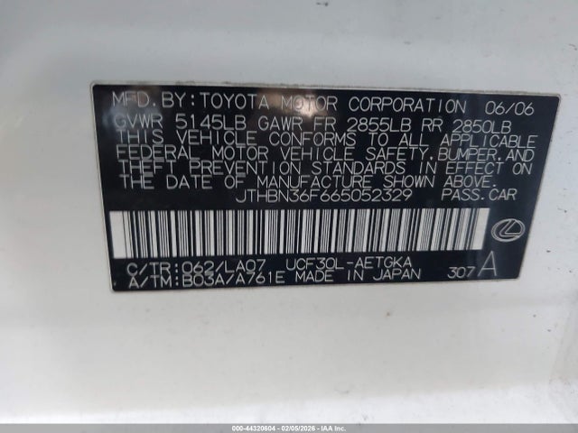 Aukcja sprzedaży 2006 Lexus Ls 430, vin: JTHBN36F665052329, numer aukcji: 44320604