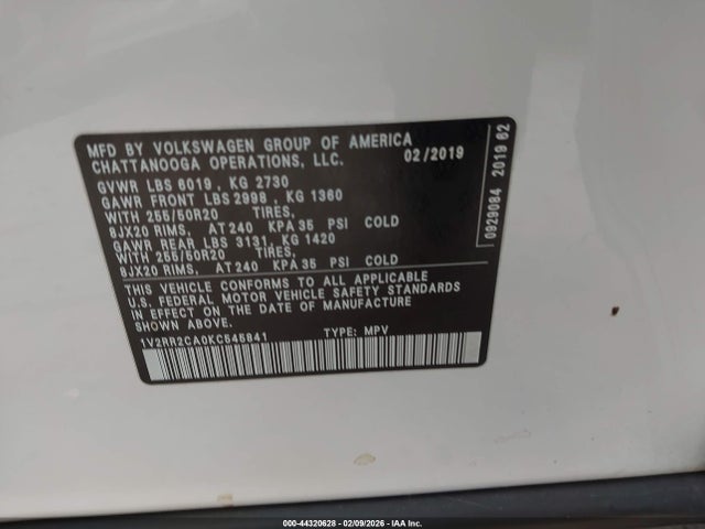44320628 :رقم المزاد ، 1V2RR2CA0KC545841 vin ، 2019 Volkswagen Atlas 3.6l V6 Sel R-line مزاد بيع