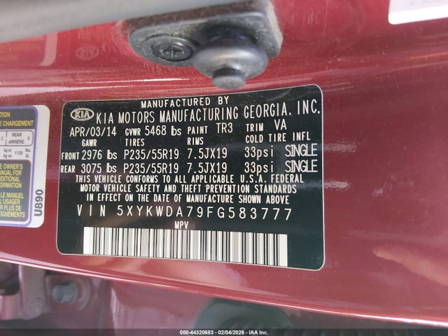 KIA Sorento Sx V6 2015 5XYKWDA79FG583777 Image 9