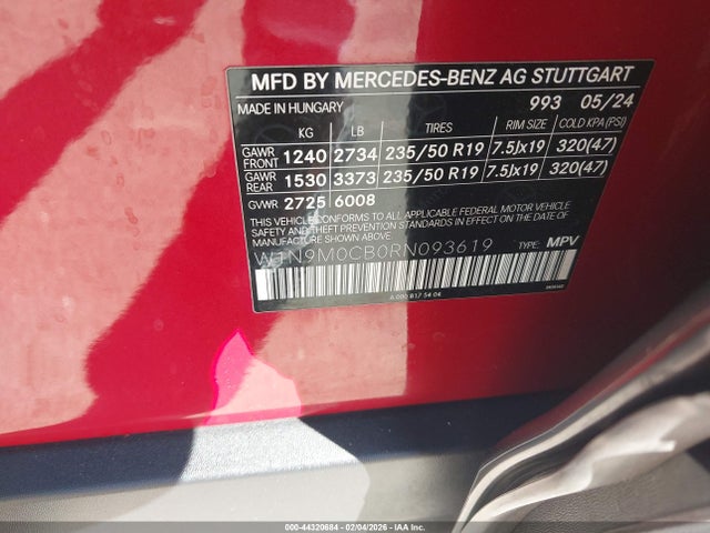 44320684 :رقم المزاد ، W1N9M0CB0RN093619 vin ، 2024 Mercedes-benz Eqb 250 Suv مزاد بيع