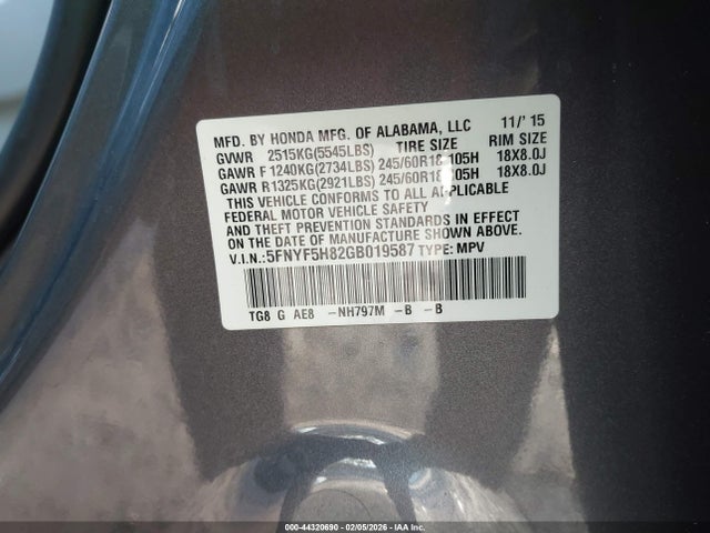 2016 HONDA PILOT 5FNYF5H82GB019587 Photo 8