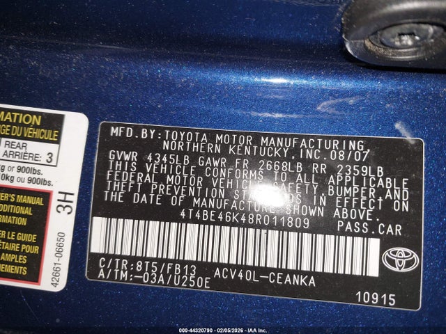 2008 TOYOTA CAMRY 4T4BE46K48R011809 Photo 8