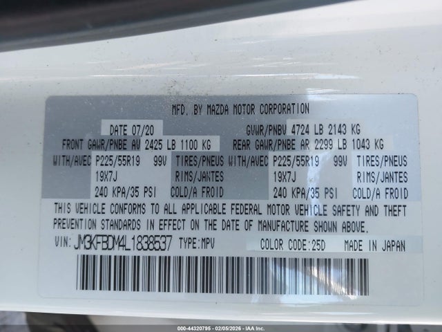 44320795 :رقم المزاد ، JM3KFBDM4L1838537 vin ، 2020 Mazda Cx-5 Grand Touring مزاد بيع