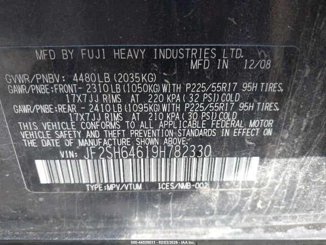 Aukcja sprzedaży 2009 Subaru Forester 2.5x Limited, vin: JF2SH64619H782330, numer aukcji: 44320811