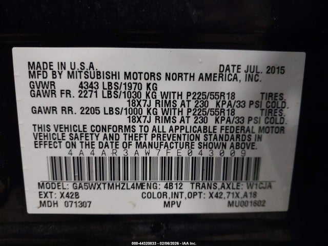 Aukcja sprzedaży 2015 Mitsubishi Outlander Sport Es, vin: 4A4AR3AW7FE043009, numer aukcji: 44320833