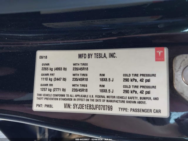 5YJ3E1EB3JF070769 Tesla Model 3 Long Range/performance