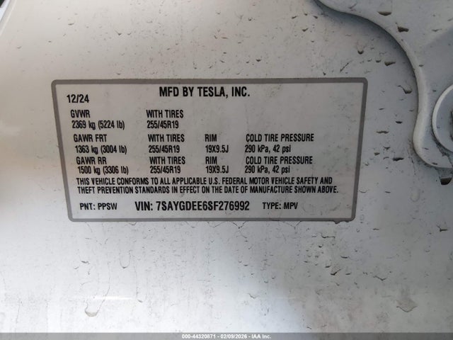 44320871 :رقم المزاد ، 7SAYGDEE6SF276992 vin ، 2025 Tesla Model Y Long Range Dual Motor All-wheel Drive مزاد بيع