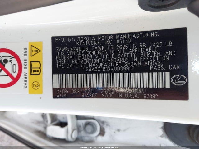 Aukcja sprzedaży 2019 Lexus Es 350 F Sport, vin: 58ABZ1B1XKU039916, numer aukcji: 44320918