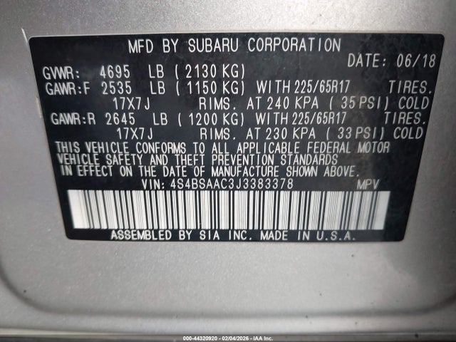 Subaru Outback 2.5i 2018 4S4BSAAC3J3383378 Image 9