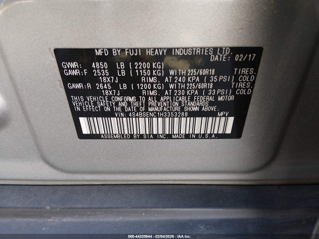 4S4BSENC1H3353288 Subaru Outback 3.6r Limited