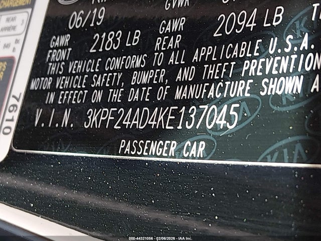 44321056 :رقم المزاد ، 3KPF24AD4KE137045 vin ، 2019 Kia Forte Lxs مزاد بيع