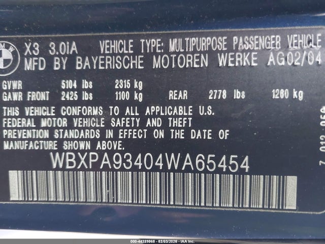 Продажа на аукционе авто 2004 Bmw X3 3.0i, vin: WBXPA93404WA65454, номер лота: 44321068