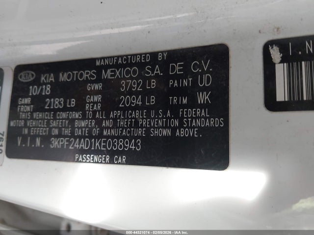 3KPF24AD1KE038943 KIA Forte Lxs
