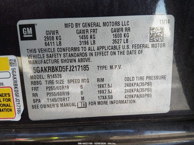 2015 Buick Enclave Leather მანქანა იყიდება აუქციონზე, vin: 5GAKRBKD5FJ217185, აუქციონის ნომერი: 44321100