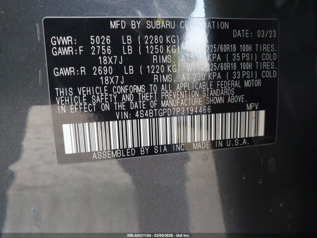 4S4BTGPD7P3194466 Subaru Outback Touring Xt