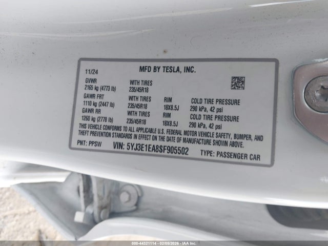 Продаж на аукціоні авто 2025 Tesla Model 3 Long Range Rear-wheel Drive/standard Rear-wheel Drive, vin: 5YJ3E1EA8SF905502, номер лоту: 44321114