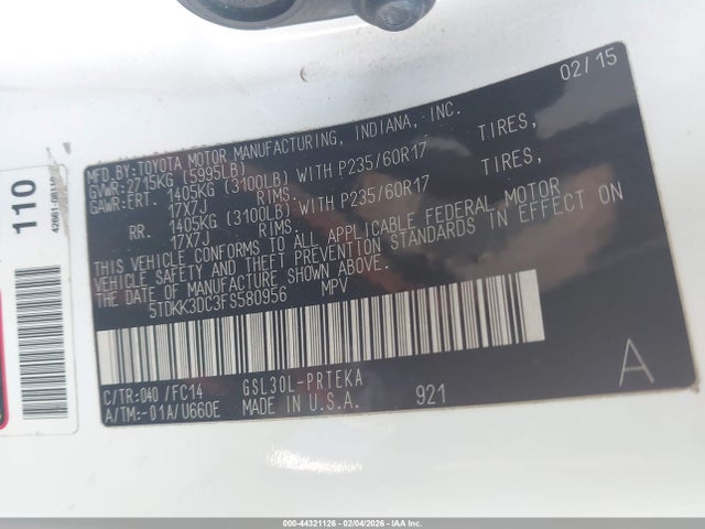 5TDKK3DC3FS580956 Toyota Sienna Le 8 Passenger