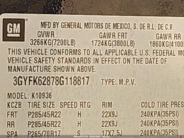 Aukcja sprzedaży 2008 Cadillac Escalade Ext Standard, vin: 3GYFK62878G118817, numer aukcji: 44321136