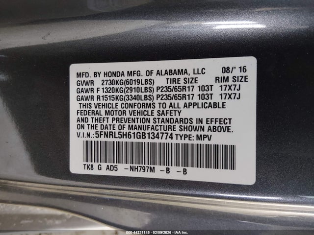 5FNRL5H61GB134774 Honda Odyssey Ex-l