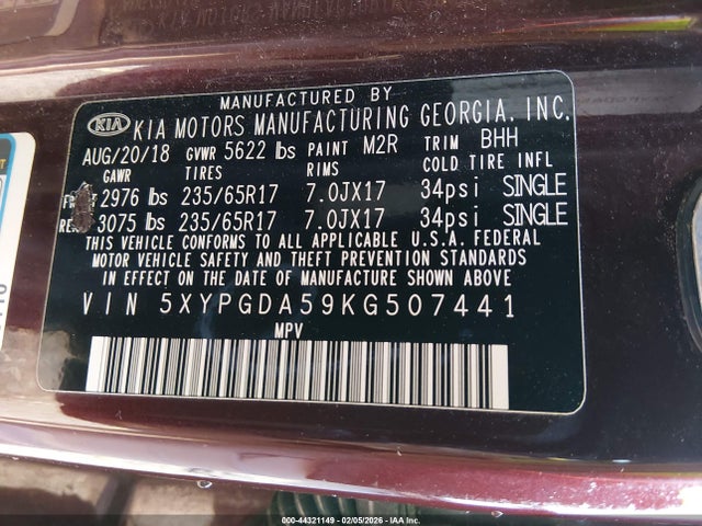 Aukcja sprzedaży 2019 Kia Sorento 3.3l Lx, vin: 5XYPGDA59KG507441, numer aukcji: 44321149