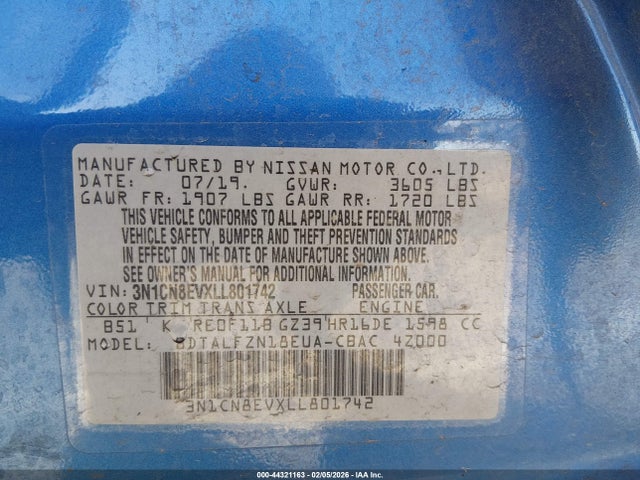 3N1CN8EVXLL801742 Nissan Versa Sv Xtronic Cvt