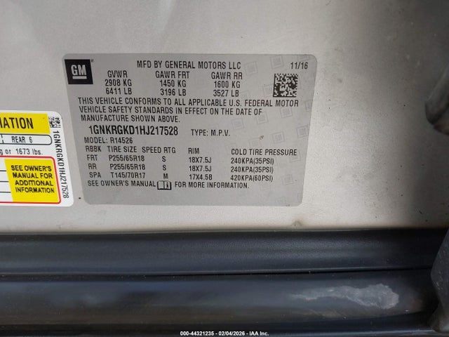 1GNKRGKD1HJ217528 Chevrolet Traverse 1lt