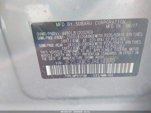 2018 Subaru Forester 2.5i Touring მანქანა იყიდება აუქციონზე, vin: JF2SJAWC6JH434070, აუქციონის ნომერი: 44321237
