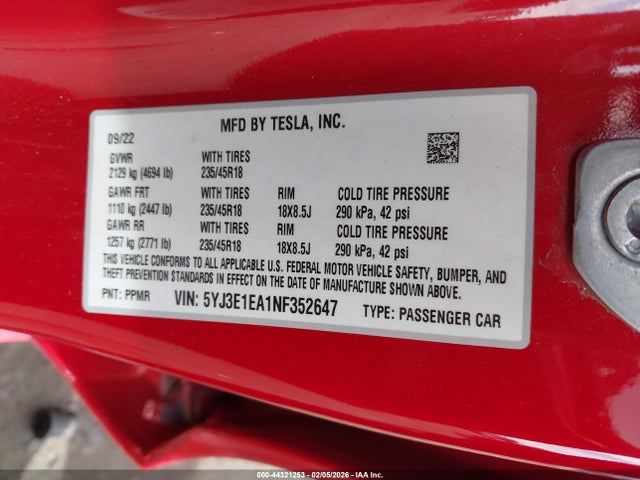 2022 TESLA MODEL 3 5YJ3E1EA1NF352647 Photo 8