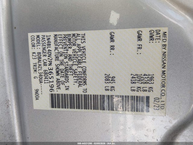 1N4BL4DV2PN365196 Nissan Altima Sv Fwd