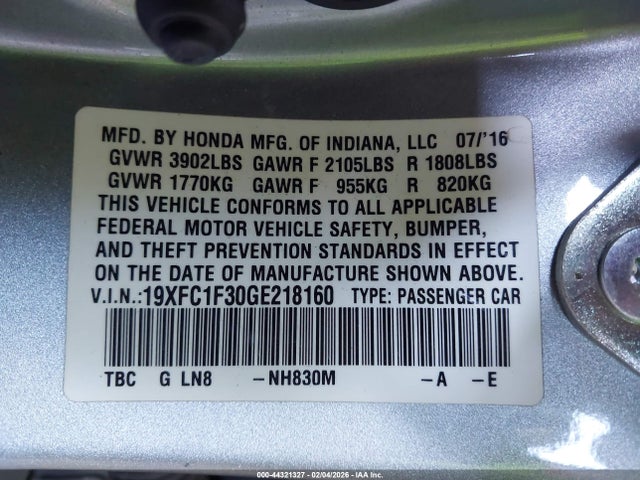 19XFC1F30GE218160 Honda Civic Ex-t