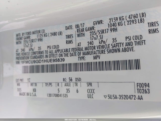 1FMCU9GD1HUE95839 Ford ESCAPE SE