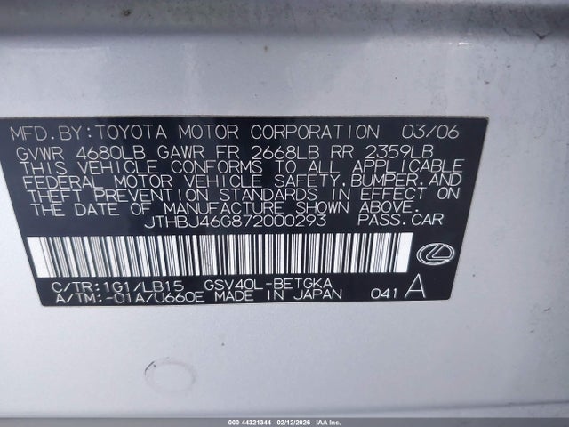 Продаж на аукціоні авто 2007 Lexus Es 350, vin: JTHBJ46G872000293, номер лоту: 44321344
