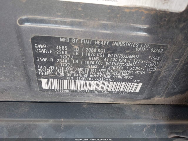 44321347 :رقم المزاد ، 4S4BRBFC7A3329169 vin ، 2010 Subaru Outback 2.5i Premium مزاد بيع