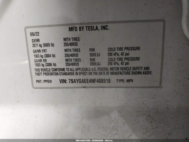 Aukcja sprzedaży 2022 Tesla Model Y Long Range Dual Motor All-wheel Drive, vin: 7SAYGAEE4NF488518, numer aukcji: 44321355