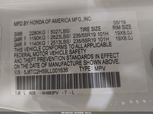 44321423 :رقم المزاد ، 5J8TC2H59LL001636 vin ، 2020 Acura Rdx Technology Package مزاد بيع