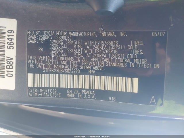 2007 Toyota Sienna Le მანქანა იყიდება აუქციონზე, vin: 5TDZK23C67S072220, აუქციონის ნომერი: 44321427
