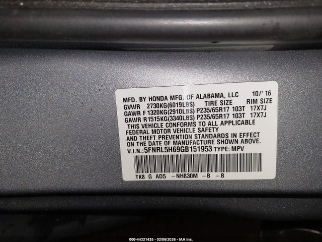 5FNRL5H69GB151953 Honda Odyssey Ex-l