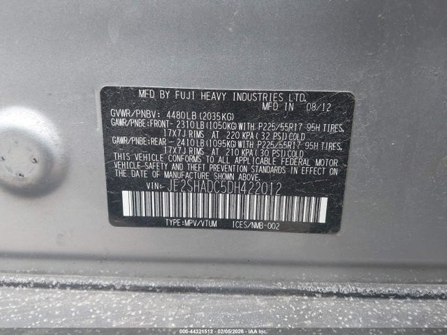 44321512 :رقم المزاد ، JF2SHADC5DH422012 vin ، 2013 Subaru Forester 2.5x Premium مزاد بيع