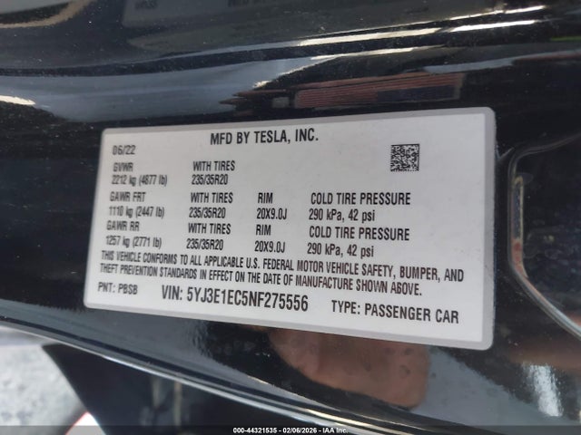 Продажа на аукционе авто 2022 Tesla Model 3 Performance Dual Motor All-wheel Drive, vin: 5YJ3E1EC5NF275556, номер лота: 44321535