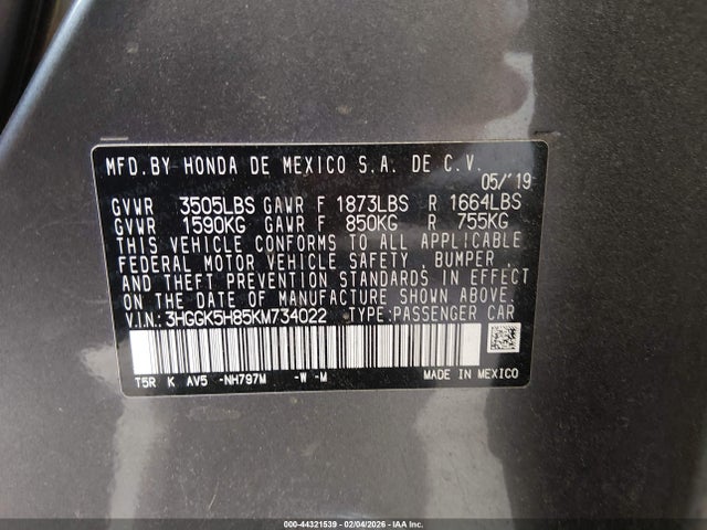 3HGGK5H85KM734022 Honda FIT EX
