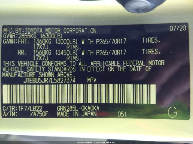 JTEBU5JR7L5827374 Toyota 4runner Sr5 Premium