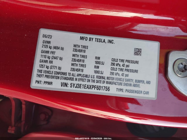 Продажа на аукционе авто 2023 Tesla Model 3 Rear-wheel Drive, vin: 5YJ3E1EAXPF601756, номер лота: 44321619