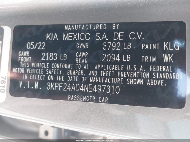 3KPF24AD4NE497310 KIA Forte Lxs