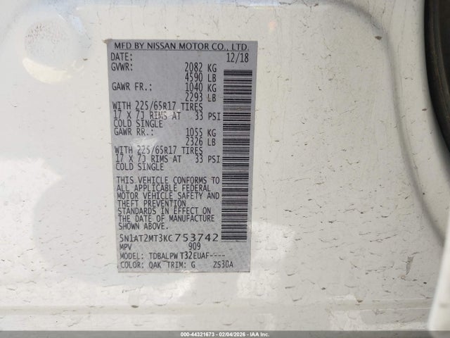 5N1AT2MT3KC753742 Nissan ROGUE S