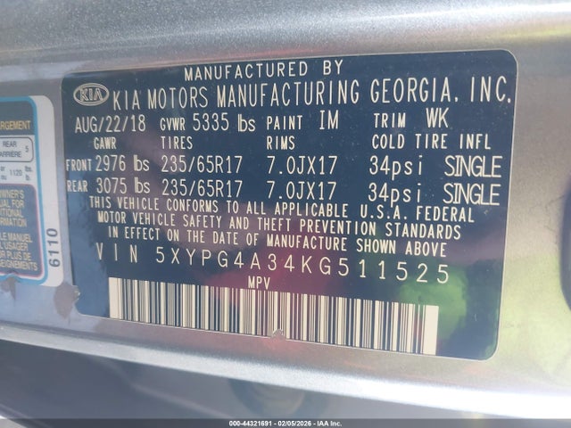 5XYPG4A34KG511525 KIA Sorento 2.4l Lx