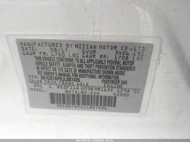 3N1CN7APXJL807426 Nissan Versa 1.6 Sv