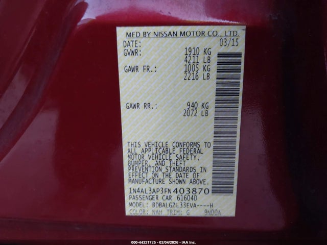 1N4AL3AP3FN403870 Nissan Altima 2.5 S